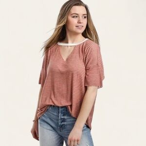 BKE Striped Cut Out Drop Shoulder Knit Top Old Rose Cream Small Boho Western